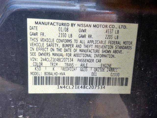 1N4CL21E48C207534 - 2008 NISSAN ALTIMA HYB CHARCOAL photo 10