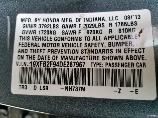 19XFB2F94DE267967 - 2013 HONDA CIVIC EXL 灰色 照片 10
