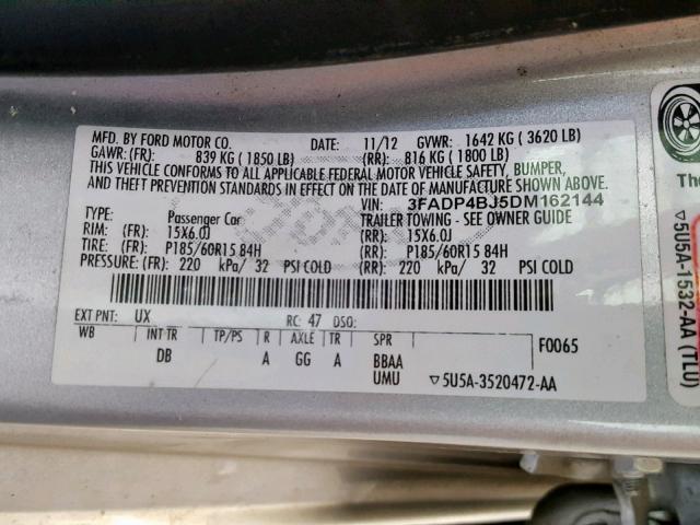 3FADP4BJ5DM162144 - 2013 FORD FIESTA SE SILVER photo 10