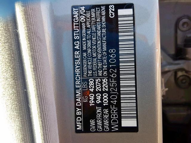 WDBRF40J25F621068 - 2005 MERCEDES-BENZ C 230K SPO SILVER photo 10