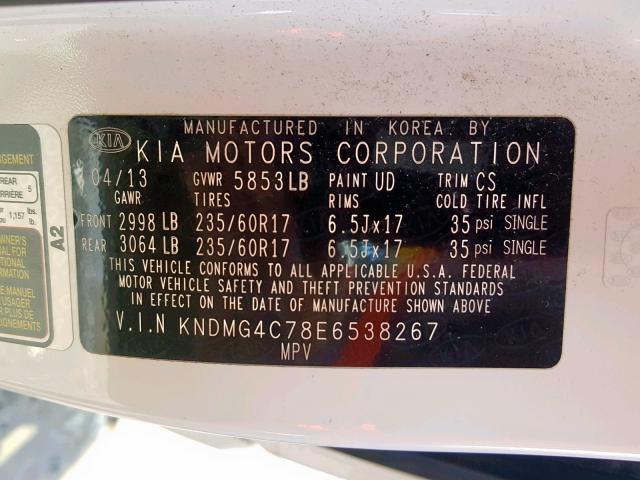 KNDMG4C78E6538267 - 2014 KIA SEDONA LX WHITE photo 10