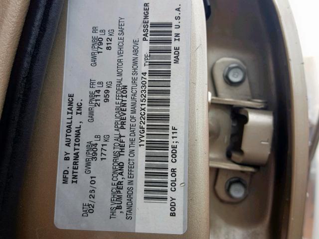 1YVGF22CX15233074 - 2001 MAZDA 626 ES GOLD photo 10