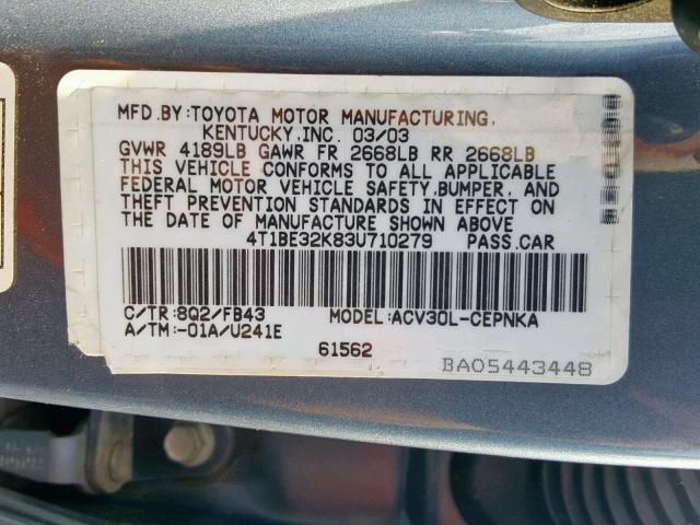 4T1BE32K83U710279 - 2003 TOYOTA CAMRY LE BLUE photo 10