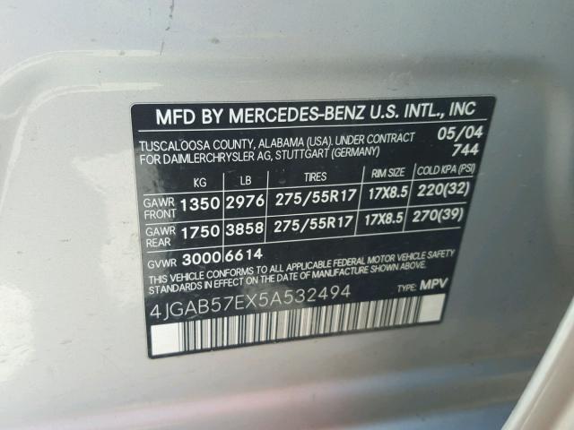 4JGAB57EX5A532494 - 2005 MERCEDES-BENZ ML 350 SILVER photo 10