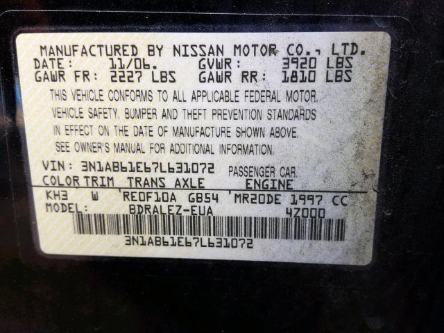 3N1AB61E67L631072 - 2007 NISSAN SENTRA 2.0 BLACK photo 10