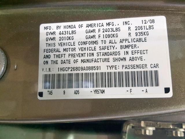 1HGCP26809A088591 - 2009 HONDA ACCORD EXL GOLD photo 10