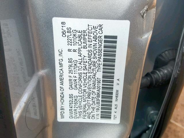 19UUB3F88KA001907 - 2019 ACURA TLX SILVER photo 10