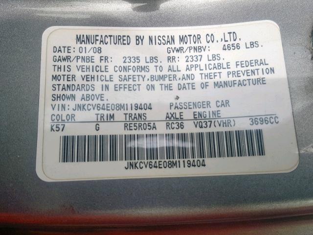 JNKCV64E08M119404 - 2008 INFINITI G37 BASE GRAY photo 10