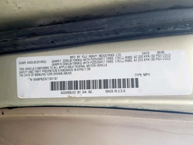 4S4BP62C677301187 - 2007 SUBARU OUTBACK OU GOLD photo 10