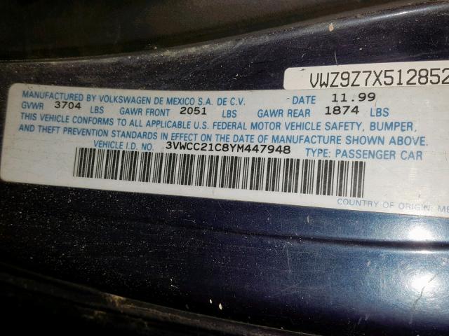 3VWCC21C8YM447948 - 2000 VOLKSWAGEN NEW BEETLE BLUE photo 10