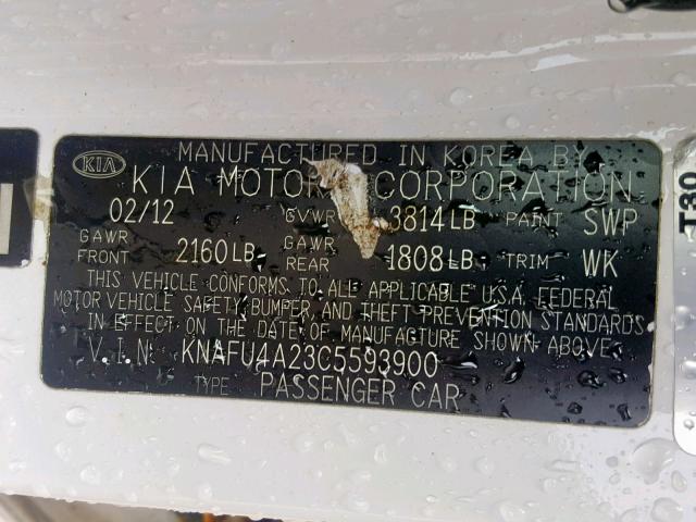 KNAFU4A23C5593900 - 2012 KIA FORTE EX WHITE photo 10