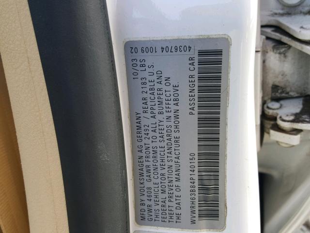 WVWRH63B84P140150 - 2004 VOLKSWAGEN PASSAT GLX 白色 照片 10