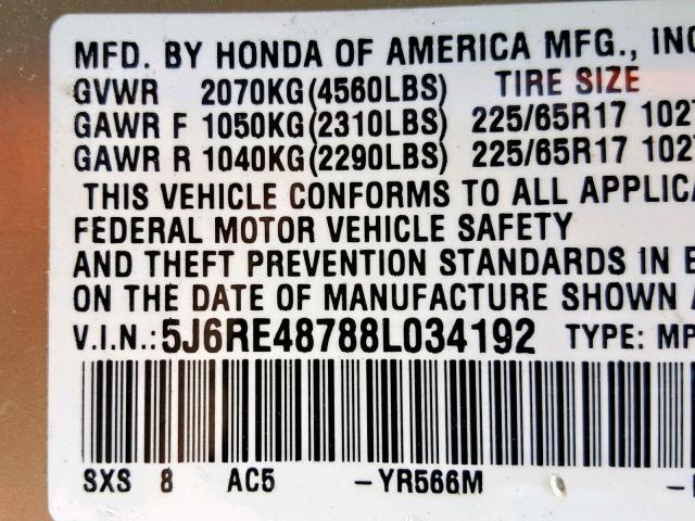 5J6RE48788L034192 - 2008 HONDA CR-V EXL GOLD photo 10