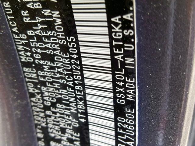 4T1BK1EB1GU224055 - 2016 TOYOTA AVALON XLE GRAY photo 10