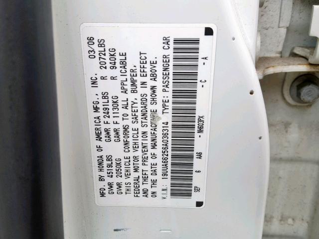 19UUA66256A036314 - 2006 ACURA 3.2TL WHITE photo 10