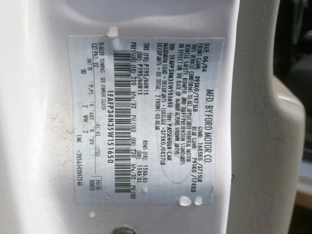 1FAFP34N35W151650 - 2005 FORD FOCUS ZX4 WHITE photo 10