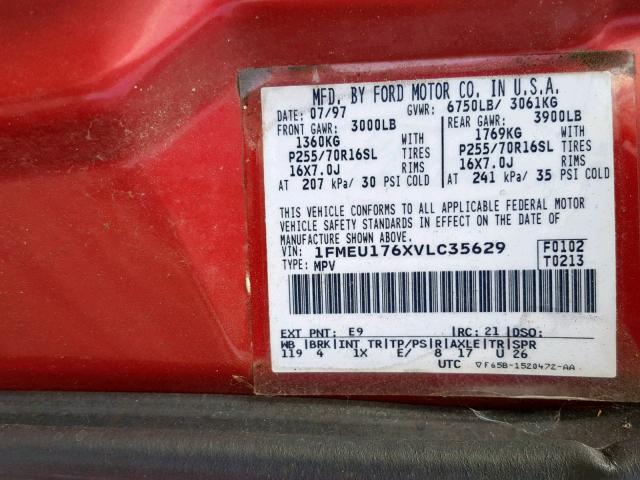 1FMEU176XVLC35629 - 1997 FORD EXPEDITION RED photo 10
