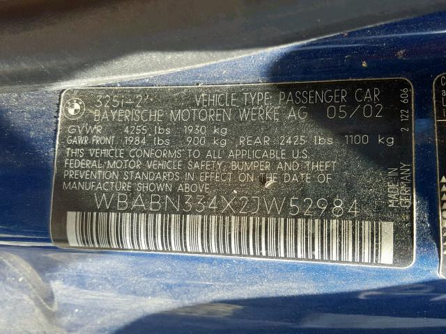 WBABN334X2JW52984 - 2002 BMW 325 CI BLUE photo 10