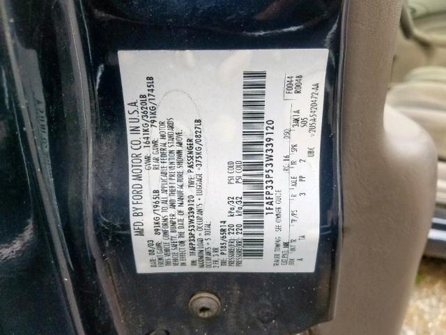 1FAFP33P53W339120 - 2003 FORD FOCUS LX BLUE photo 10