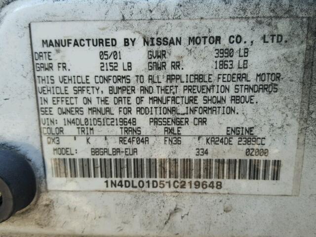 1N4DL01D51C219648 - 2001 NISSAN ALTIMA XE WHITE photo 10