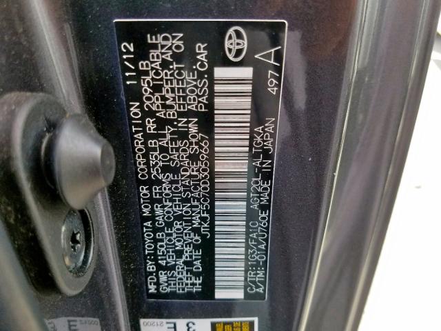 JTKJF5C70D3059667 - 2013 TOYOTA SCION TC ნაცრისფერი ფოტო 10