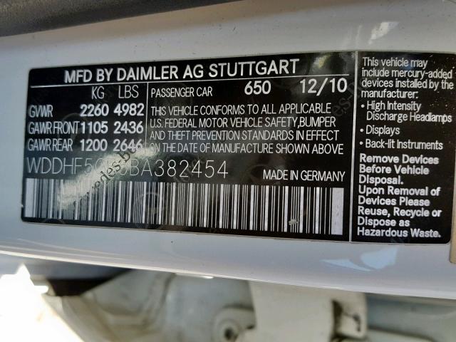 WDDHF5GB5BA382454 - 2011 MERCEDES-BENZ E 350 WHITE photo 10