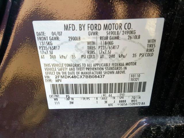 2FMDK48CX7BB08437 - 2007 FORD EDGE SEL BLACK photo 10