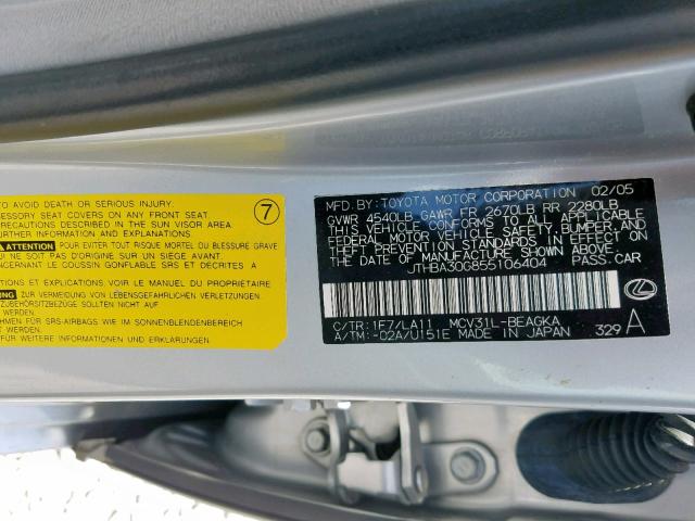 JTHBA30G855106404 - 2005 LEXUS ES 330 SILVER photo 10