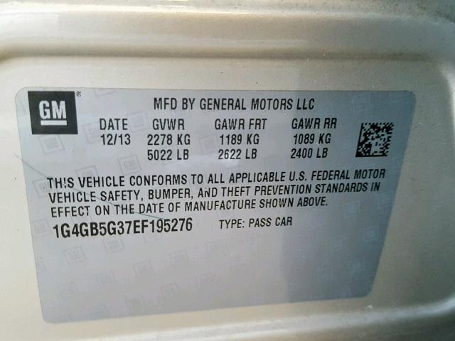 1G4GB5G37EF195276 - 2014 BUICK LACROSSE SILVER photo 10