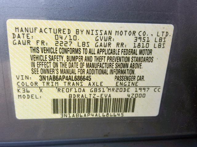 3N1AB6AP4AL686645 - 2010 NISSAN SENTRA 2.0 GRAY photo 10