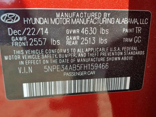 5NPE34AB5FH159466 - 2015 HYUNDAI SONATA SPO RED photo 10