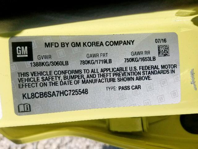 KL8CB6SA7HC725548 - 2017 CHEVROLET SPARK LS YELLOW photo 10