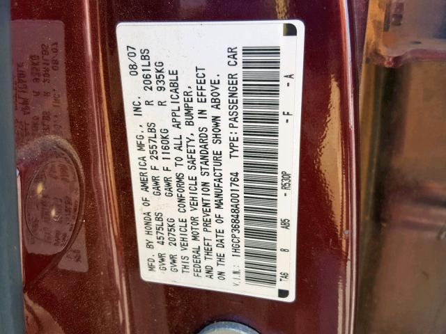 1HGCP36848A001764 - 2008 HONDA ACCORD EXL BURGUNDY photo 10