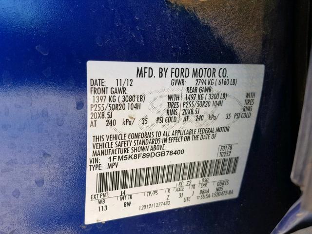 1FM5K8F89DGB78400 - 2013 FORD EXPLORER L BLUE photo 10