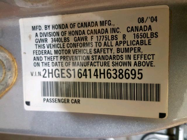 2HGES16414H638695 - 2004 HONDA CIVIC DX SILVER photo 10