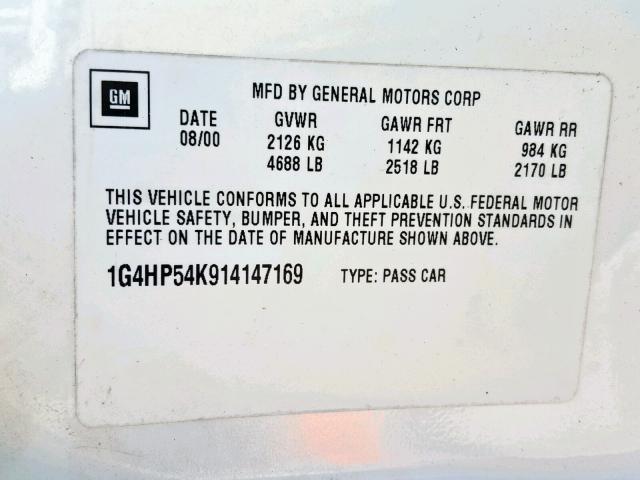 1G4HP54K914147169 - 2001 BUICK LESABRE CU WHITE photo 10