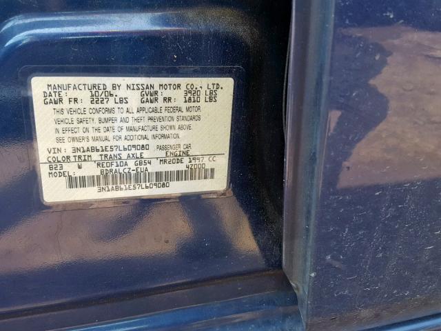 3N1AB61E57L609080 - 2007 NISSAN SENTRA 2.0 BLUE photo 10