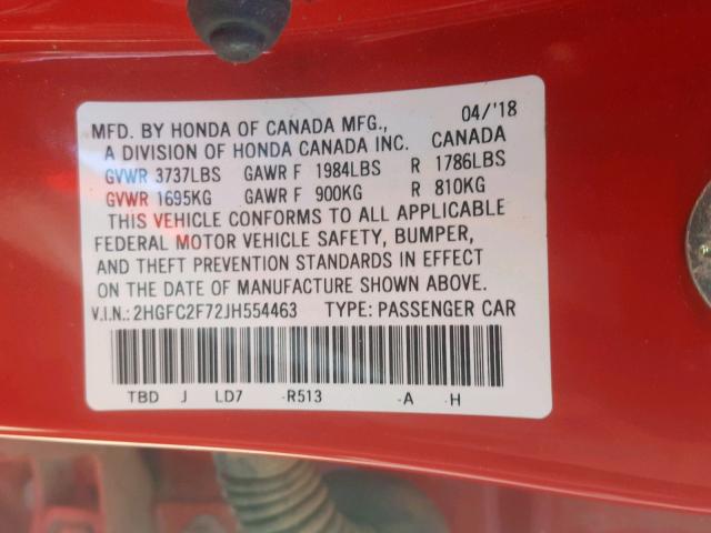 2HGFC2F72JH554463 - 2018 HONDA CIVIC EX RED photo 10