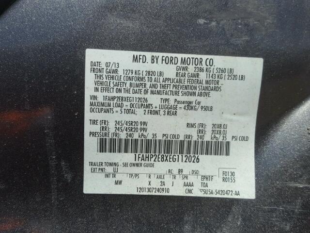 1FAHP2E8XEG112026 - 2014 FORD TAURUS SEL CHARCOAL photo 10