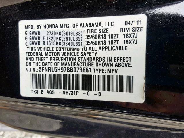 5FNRL5H97BB073661 - 2011 HONDA ODYSSEY TO BLACK photo 10