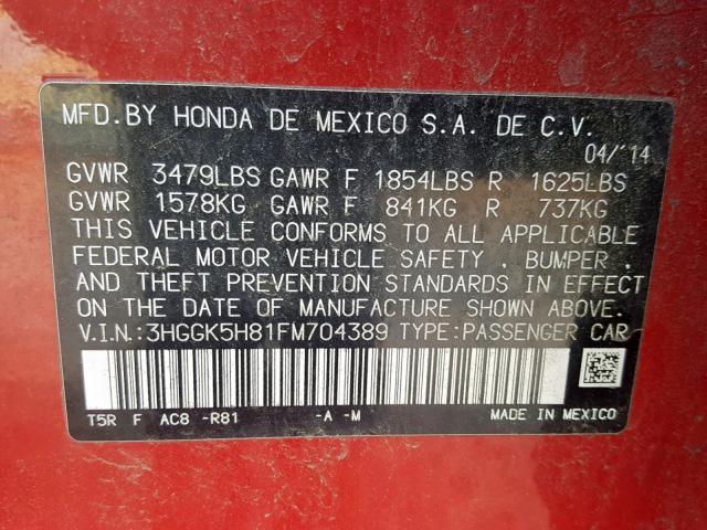 3HGGK5H81FM704389 - 2015 HONDA FIT EX RED photo 10