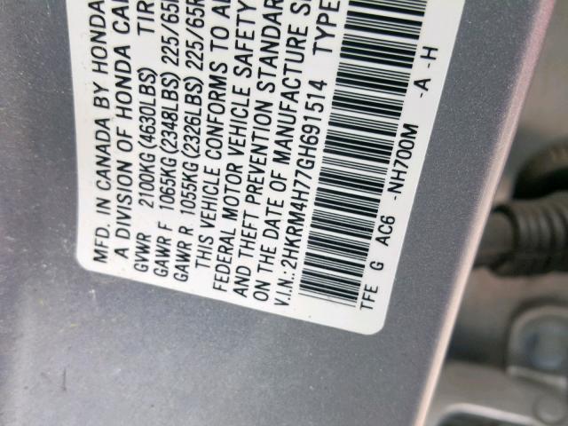 2HKRM4H77GH691514 - 2016 HONDA CR-V EXL SILVER photo 10