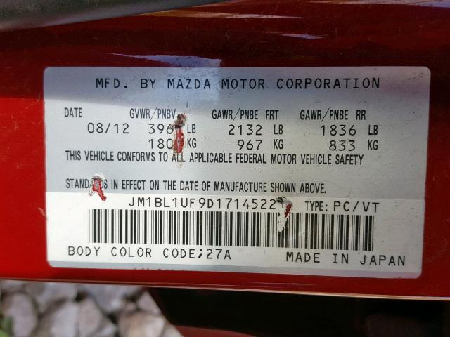 JM1BL1UF9D1714522 - 2013 MAZDA 3 I RED photo 10