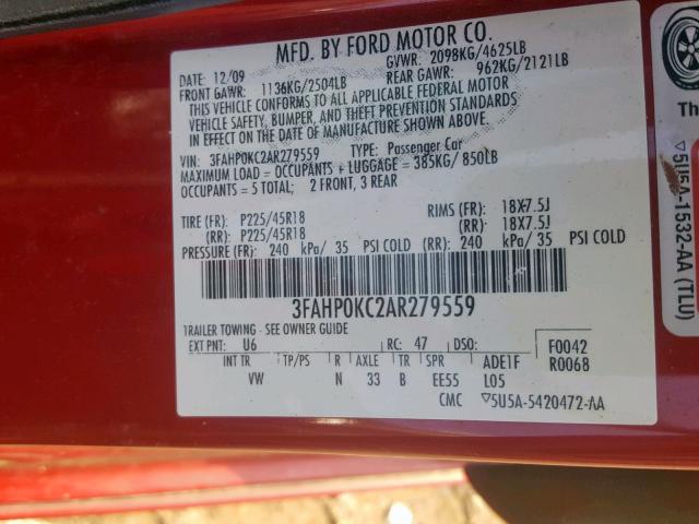 3FAHP0KC2AR279559 - 2010 FORD FUSION SPO RED photo 10