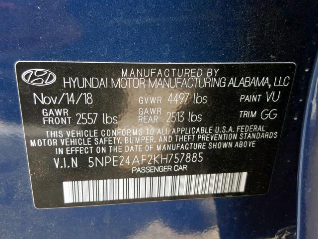 5NPE24AF2KH757885 - 2019 HYUNDAI SONATA SE BLUE photo 10