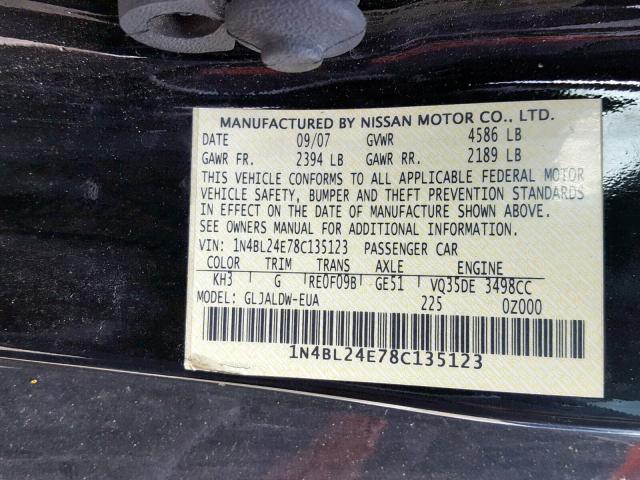 1N4BL24E78C135123 - 2008 NISSAN ALTIMA 3.5 BLACK photo 10