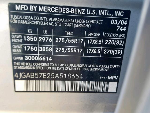 4JGAB57E25A518654 - 2005 MERCEDES-BENZ ML 350 SILVER photo 10