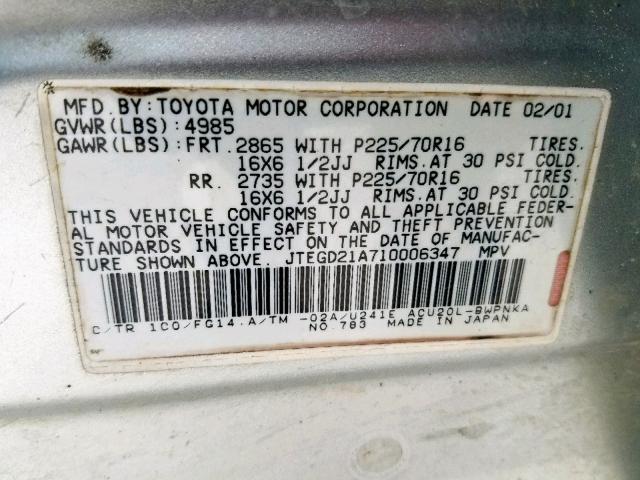 JTEGD21A710006347 - 2001 TOYOTA HIGHLANDER SILVER photo 10