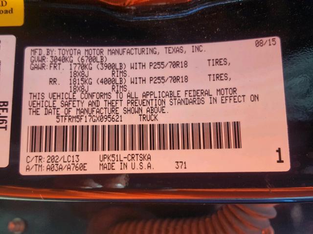 5TFRM5F17GX095621 - 2016 TOYOTA TUNDRA DOU BLACK photo 10