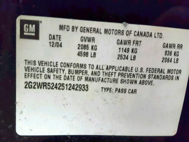 2G2WR524251242933 - 2005 PONTIAC GRAND PRIX BLACK photo 10